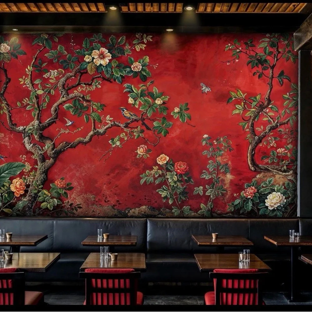 Elegant Red Floral Wall Mural